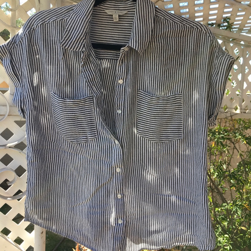 Lucky Brand Gray and White Striped Tie Back Shirt